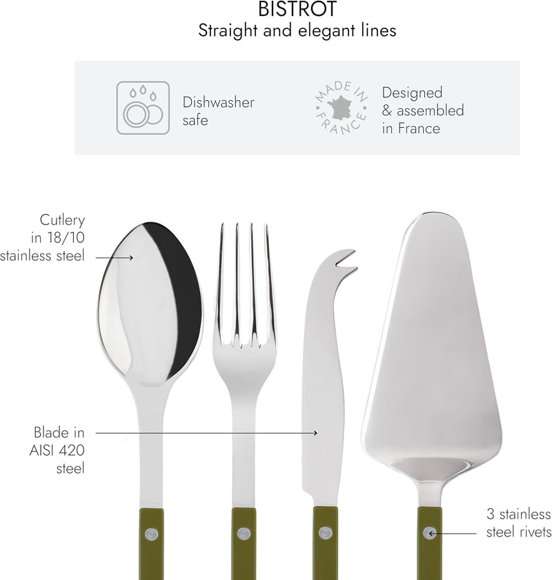 4-Piece Serving Set - Bistrot Collection - 2 Serving Flatware, Serrated Pie Server, Large Cheese Knife - Stainless Steel & Nylon - Dishwasher Safe - Fern Green - Brilliant Finish