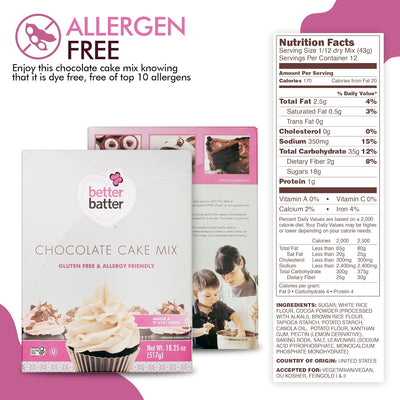 Better Batter Chocolate Cake Baking Mix, Certified Gluten Free, Great for Cupcakes, Moist, Non-GMO, Vegan, Kosher, Top 10 Allergen Friendly, Cup for Cup Baking Alternative, 18.25 oz