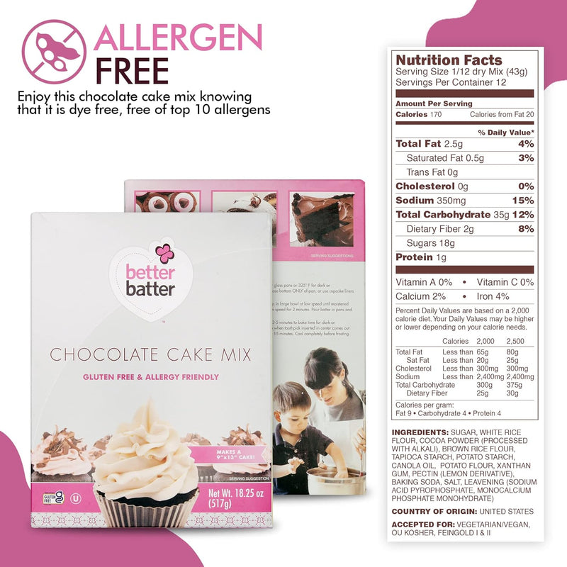 Better Batter Chocolate Cake Baking Mix, Certified Gluten Free, Great for Cupcakes, Moist, Non-GMO, Vegan, Kosher, Top 10 Allergen Friendly, Cup for Cup Baking Alternative, 18.25 oz