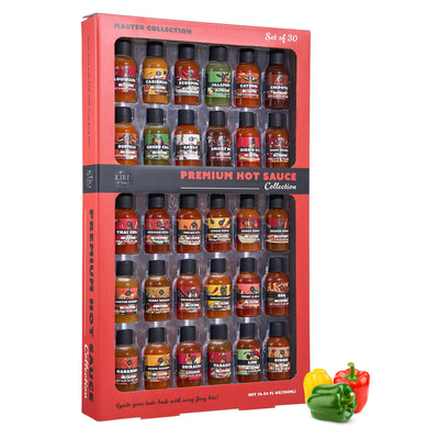 Kiri & Sons Hot Sauce Gift Set of 30 – Premium Gourmet Variety Pack | Spicy Chili Pepper Collection for Cooking Grilling and Dipping | Heat Challenge Condiment Box and Kitchen Essentials