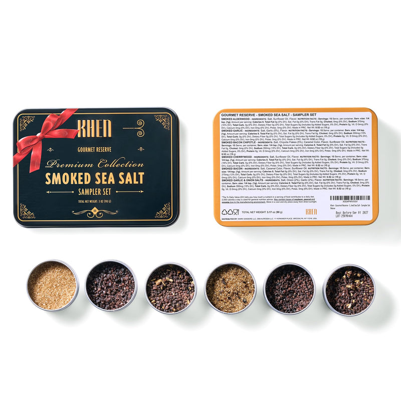 Khen Sea Salt Gift Set of 6 Gourmet Reserve | Premium Smoked Variety Pack | Artisanal Culinary Collection for Cooking Grilling and Finishing | Seasoning Blends in Elegant Tin Box