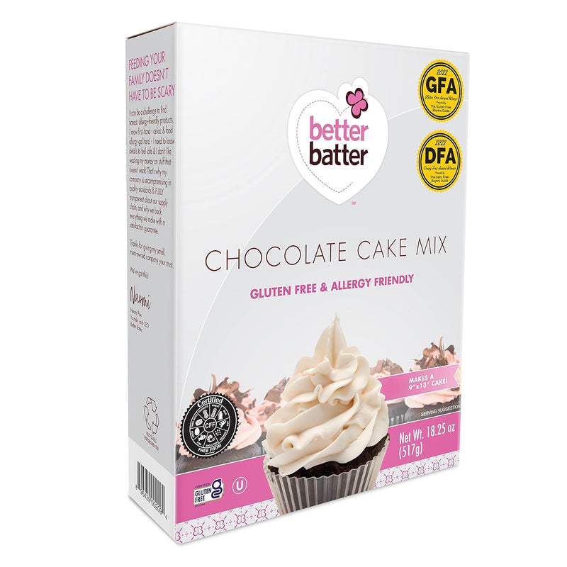 Better Batter Chocolate Cake Baking Mix, Certified Gluten Free, Great for Cupcakes, Moist, Non-GMO, Vegan, Kosher, Top 10 Allergen Friendly, Cup for Cup Baking Alternative, 18.25 oz