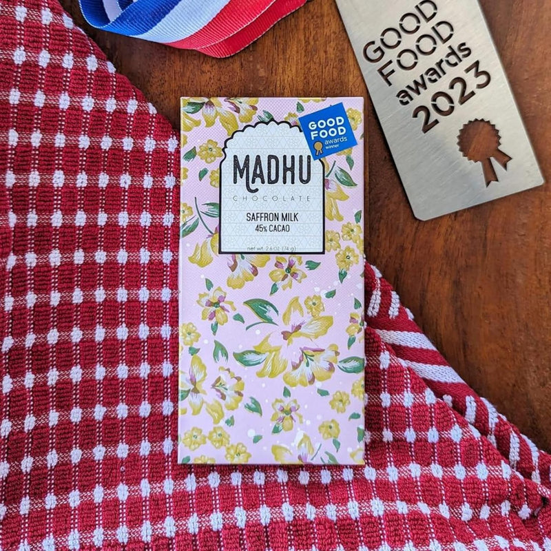 Madhu Chocolate Bar Award Winning Nutritious, Gluten, Soy Free | Handcrafted Indian Inspired Cacao Chocolate Bar Gourmet Dessert Gifts | Artisanal Snacks 2.6oz (Saffron Milk - 45% Cacao)