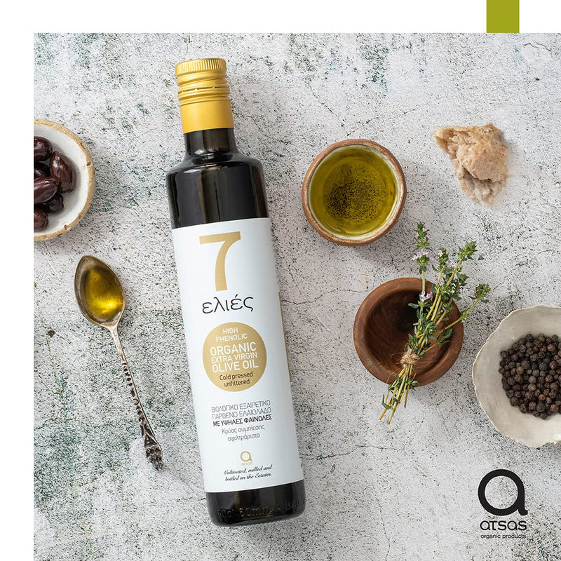 Atsas 7 Olive Oil High in Polyphenols - Organic Extra Virgin Olive Oil - Unfiltered Cold Pressed - New Harvest - 16.9 fl oz