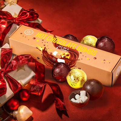 Hot Chocolate Boms Marshmallow Balls - Set of 6 - Delicious Cocoa Melts Bom Filled Marshmallows - 2 Flavors Caramel & Fudge Brownie Candy - Classic Milk Chocolates Cocoa Melt Gift - Delicious Gifts