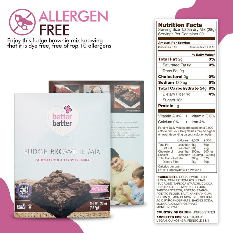 Better Batter Fudge Brownie Baking Mix, Certified Gluten Free, Non-GMO, Vegan, Kosher, Top 10 Allergen Friendly, Cup for Cup Baking Alternative, 20oz