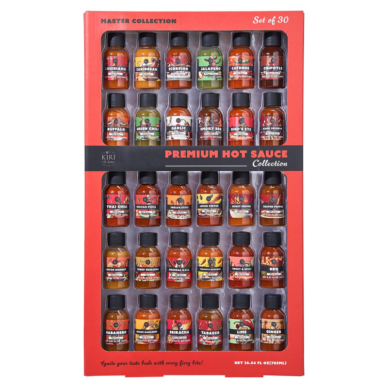 Kiri & Sons Hot Sauce Gift Set of 30 – Premium Gourmet Variety Pack | Spicy Chili Pepper Collection for Cooking Grilling and Dipping | Heat Challenge Condiment Box and Kitchen Essentials