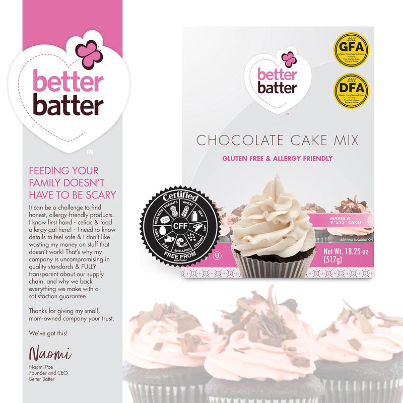 Better Batter Chocolate Cake Baking Mix, Certified Gluten Free, Great for Cupcakes, Moist, Non-GMO, Vegan, Kosher, Top 10 Allergen Friendly, Cup for Cup Baking Alternative, 18.25 oz