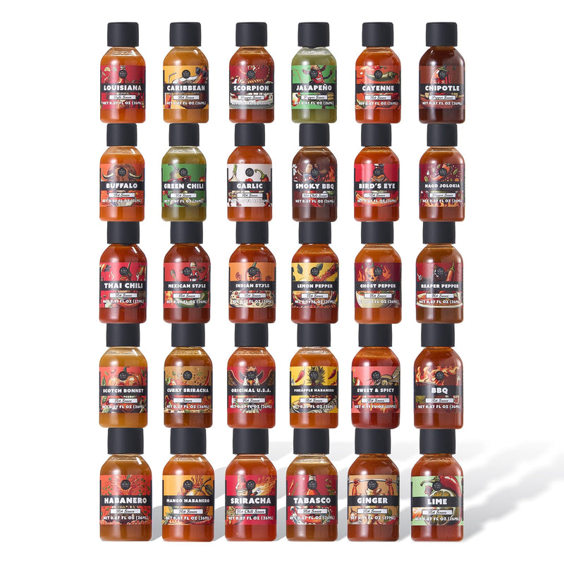 Kiri & Sons Hot Sauce Gift Set of 30 – Premium Gourmet Variety Pack | Spicy Chili Pepper Collection for Cooking Grilling and Dipping | Heat Challenge Condiment Box and Kitchen Essentials