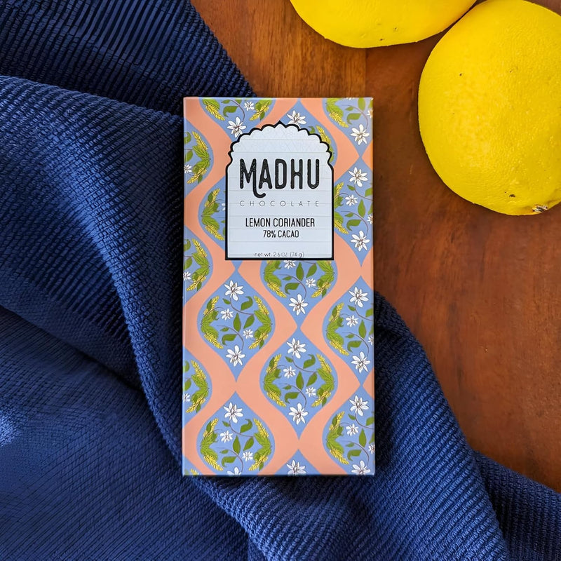 Madhu Chocolate Bar Award Winning Nutritious, Gluten, Soy Free | Handcrafted Indian Inspired Cacao Chocolate Bar Gourmet Dessert Gifts | Artisanal Snacks 2.6oz (Lemon Coriander - 78% Cacao)