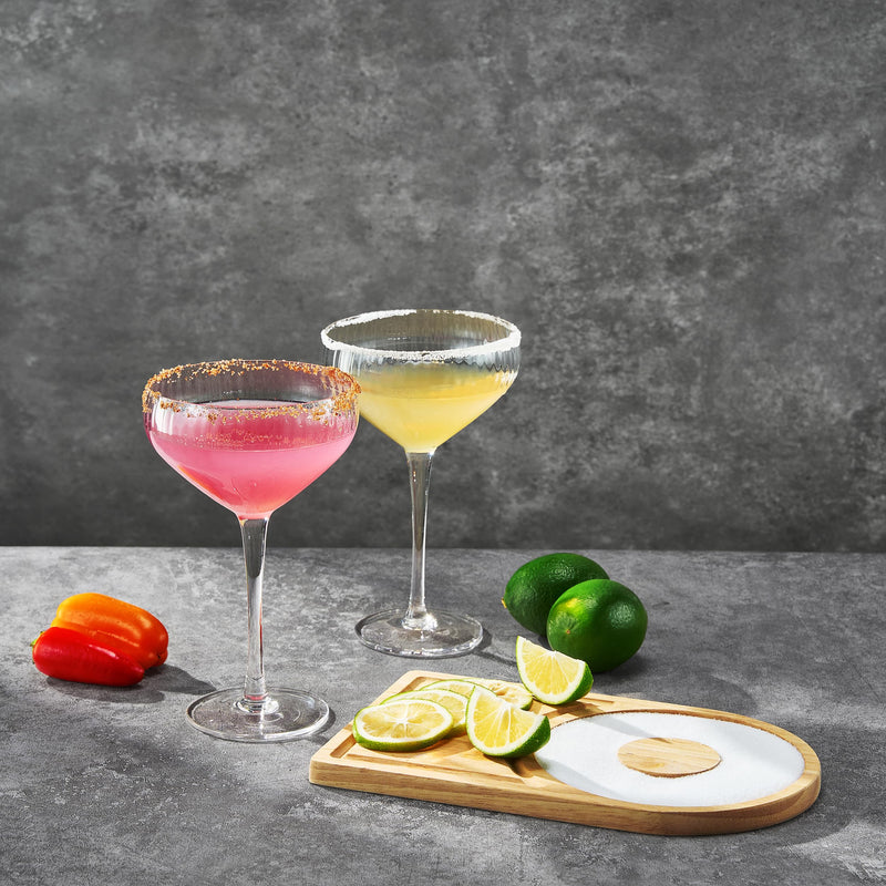 2-Pack Premium Margarita & Cocktail Flavored Salt Rimmers + Glasses & Wooden Rimmer Board, Variety Set 3.5oz - Chili & Original Drop Sugar, Salets, No Silicon Dioxide, Kiri & Sons