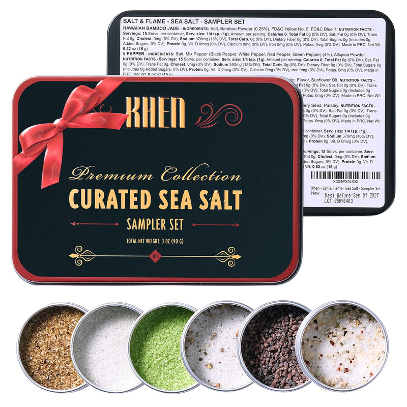 Khen Smoked Sea Salt Gift Set of 6 Salt & Flame – Premium Gourmet Seasoning Collection | Culinary Variety Pack for Cooking Grilling and Finishing | Assorted Natural Blends in Elegant Tin Box