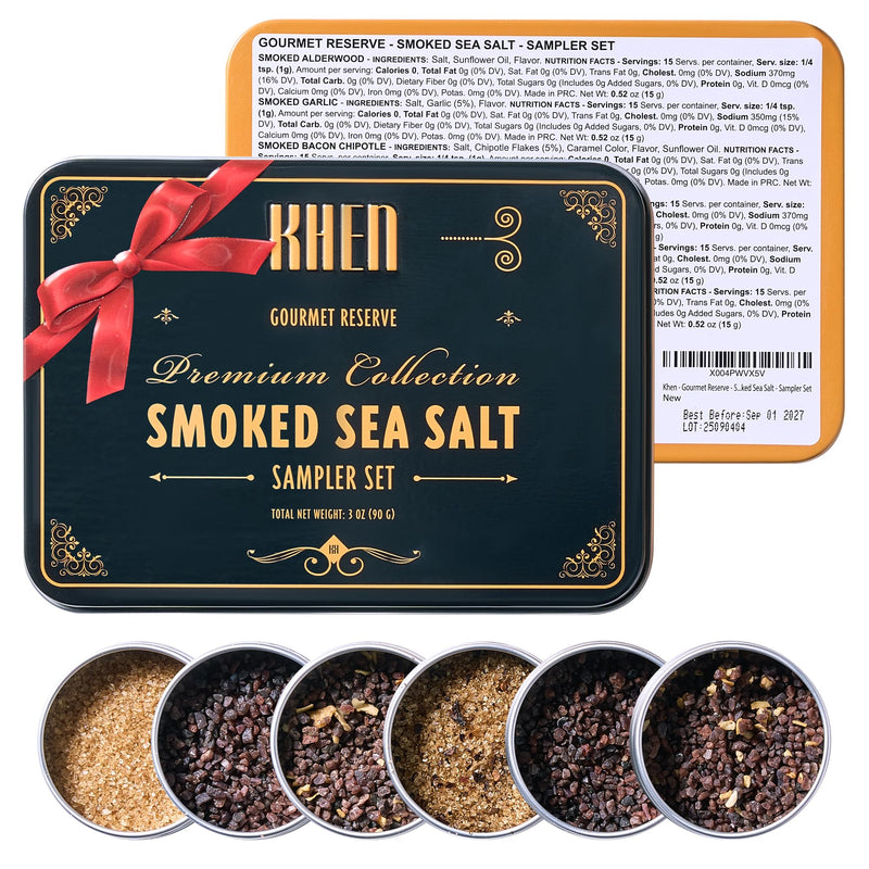 Khen Sea Salt Gift Set of 6 Gourmet Reserve | Premium Smoked Variety Pack | Artisanal Culinary Collection for Cooking Grilling and Finishing | Seasoning Blends in Elegant Tin Box