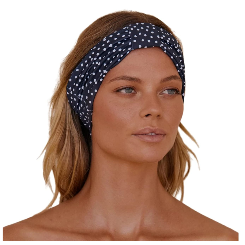 Louvelle Stylish SERAPHINE Luxury Silky Headband Quick Dry, Stretchy to Protect Hairline while Applying Makeup, Masks, or by the Pool (French Navy Polka Dot)