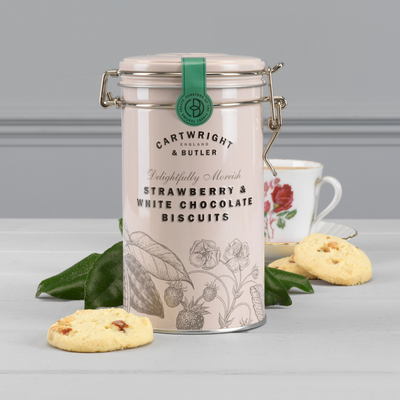 Cartwright & Butler Strawberry & White Chocolate Biscuits Tin 200g: A Sumptuous Blend of Juicy Strawberries and Creamy White Chocolate, Encased in a Vintage-Styled Tin for an Elegant and Delectable Culinary Experience