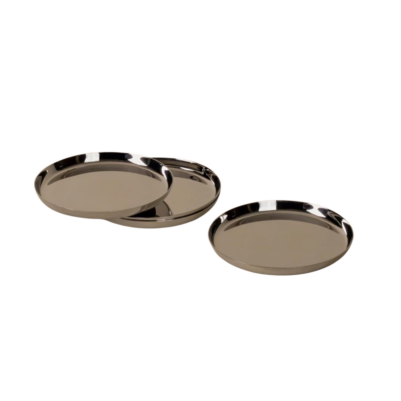 Holcomb Studio Puddle Coasters | Set of 3 Polished Stainless Steel Drink Coasters with Anti-Slip Base & Shallow Lip | Modern Surface Protection for Glasses, Bottles & Carafes | Minimalist Home Accent