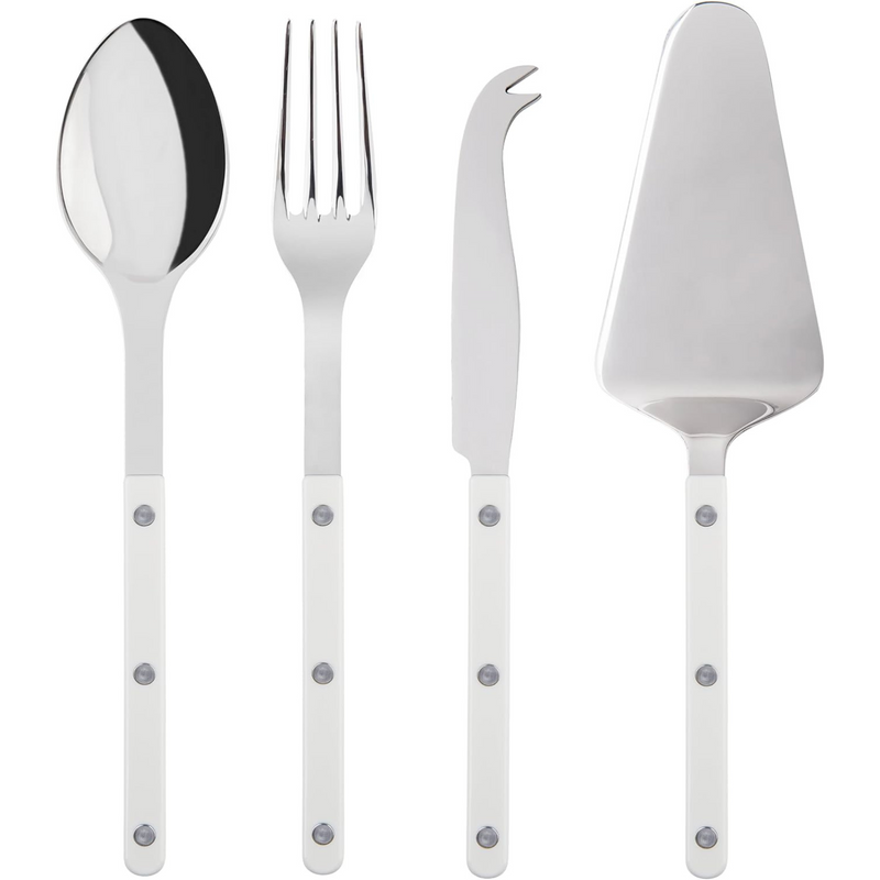 4-Piece Serving Set - Bistrot Collection - 2 Serving Flatware, Serrated Pie Server, Large Cheese Knife - Stainless Steel & Nylon - Dishwasher Safe - White - Brilliant Finish