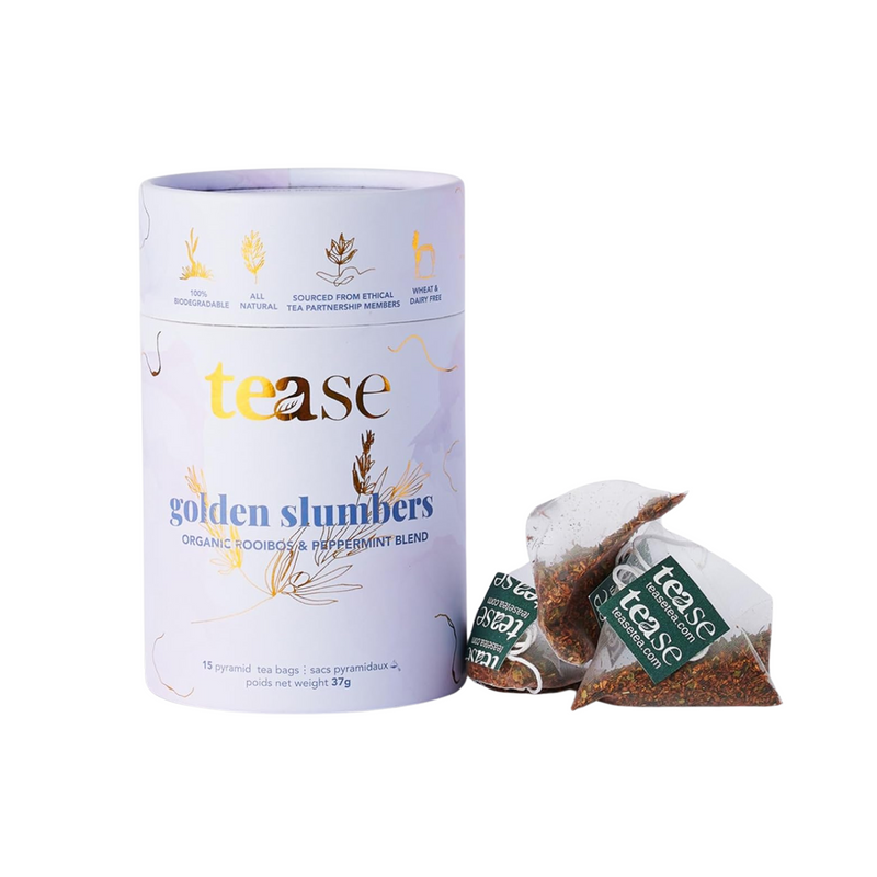 Tease Tea Organic Tea Tube Gift Set | 15 Piece Botanical Pyramid Tea Bag Infuser Sachets Loose Leaf Support Citrusy Blend with Rooibos, Peppermint, Valerian Root Caffeine Free 37g (Golden Slumbers)