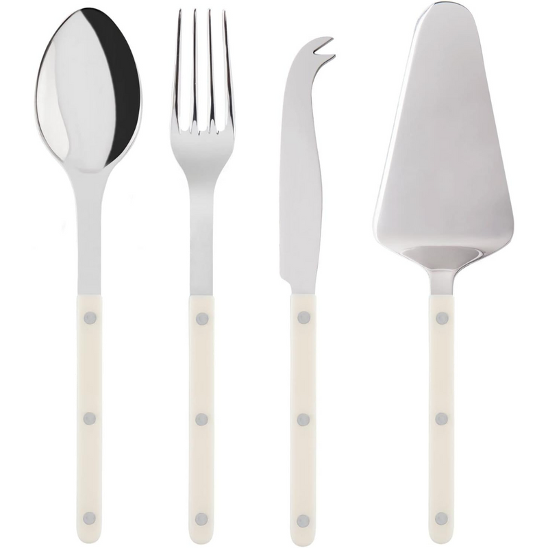 4-Piece Serving Set - Bistrot Collection - 2 Serving Flatware, Serrated Pie Server, Large Cheese Knife - Stainless Steel & Nylon - Dishwasher Safe - Ivory - Brilliant Finish