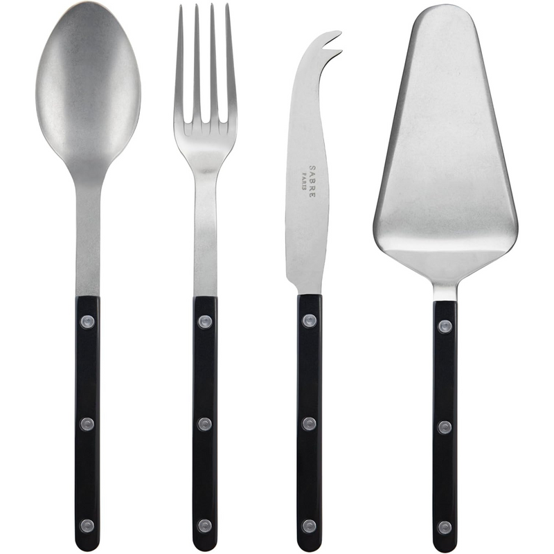 4-Piece Serving Set - Bistrot Vintage Collection - 2 Serving Flatware, Serrated Pie Server, Large Cheese Knife - Stainless Steel & Nylon - Dishwasher Safe - Black - Mat Finish