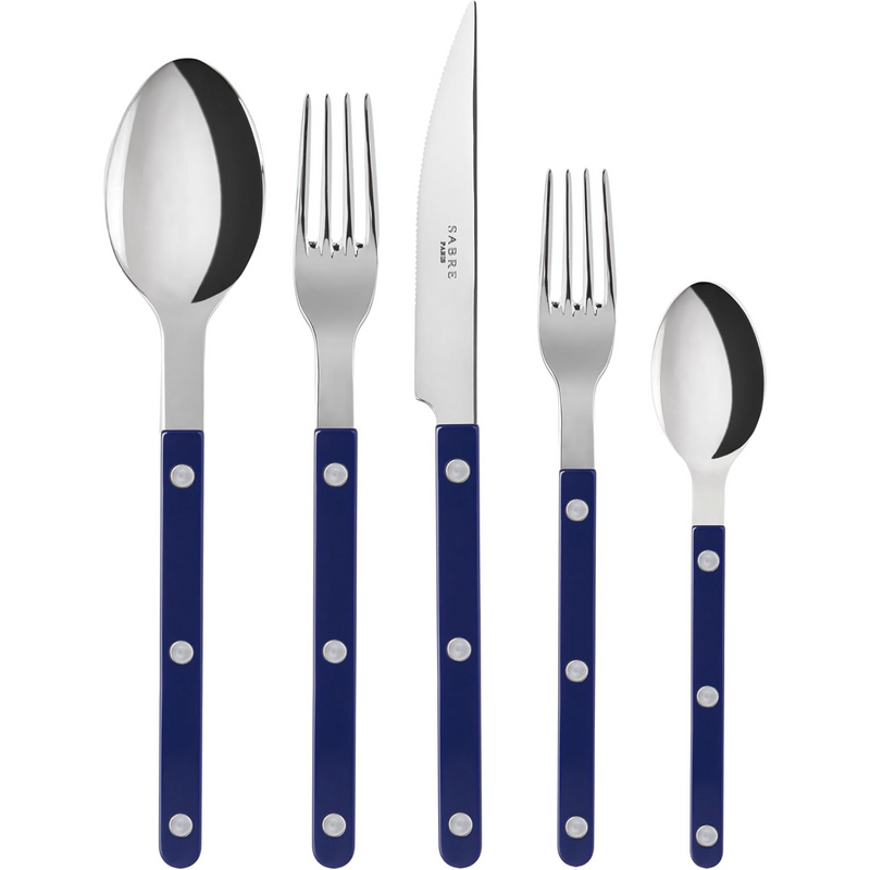 5-Piece Flatware Set - Bistrot Collection - Knife, Fork, Soup Spoon, Teaspoon & Dessert Fork - Stainless Steel & Nylon - Dishwasher Safe - Navy Blue - Brilliant Finish