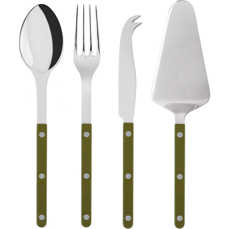 4-Piece Serving Set - Bistrot Collection - 2 Serving Flatware, Serrated Pie Server, Large Cheese Knife - Stainless Steel & Nylon - Dishwasher Safe - Fern Green - Brilliant Finish