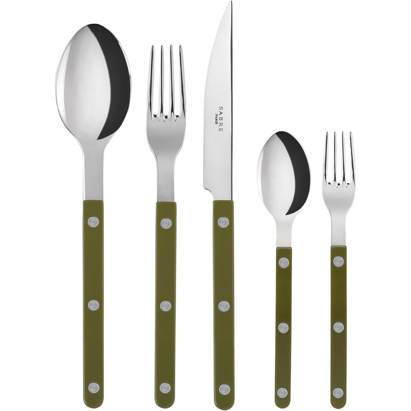 20-Piece Flatware Set for 4 - Bistrot Collection - Knife, Fork, Soup Spoon, Teaspoon & Dessert Fork - Stainless Steel & Nylon - Dishwasher Safe - Green Fern - Shiny Finish