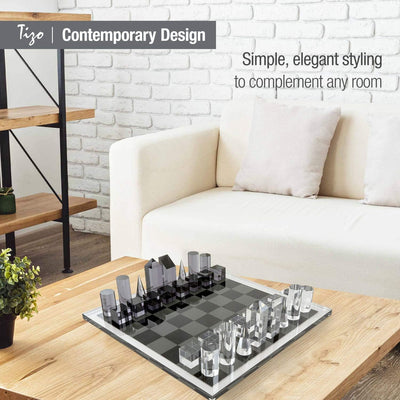 Tizo Design Elegant 13” Lucite Chess Set, Designer Lucite & Acrylic Pieces, Modern & Trendy, Multiple Options Available (Clear & Blue)