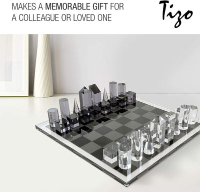 Tizo Design Elegant 13” Lucite Chess Set, Designer Lucite & Acrylic Pieces, Modern & Trendy, Multiple Options Available (Clear & Blue)