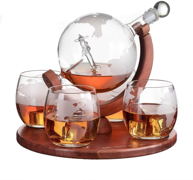 Airplane Globe World Map Decanter Set with 4 World Map Glasses