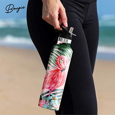 My Bougie Bottle | Flamingo Stainless Steel Water Bottle With Straw | Pipe Cleaner & Ice Tray Included | Leak-Proof Lid | Double Insulated For Warm & Cold | BPA Free | 25 oz