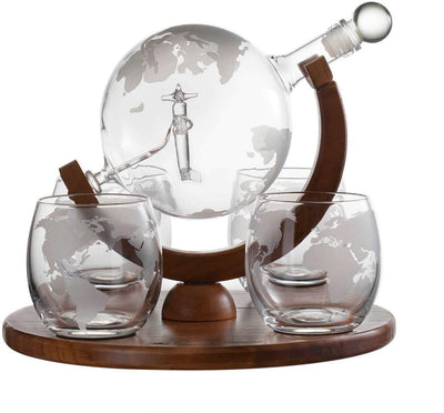 Airplane Globe World Map Decanter Set with 4 World Map Glasses
