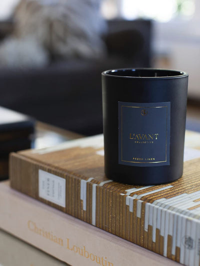 L'AVANT Collective Black Candle | Fresh Linen Scented | Non-Toxic & Paraffin Free in Sophisticated Black Glass | 40 Hours of Burn Time | 8 oz