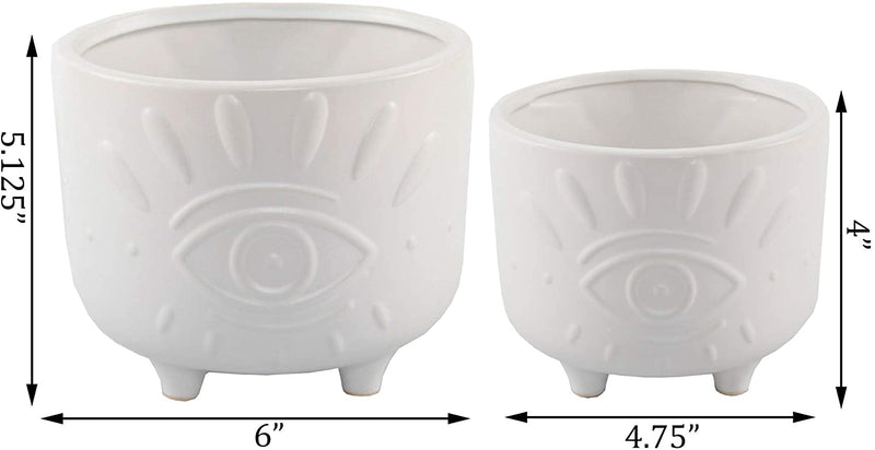 Flora Bunda 6IN & 4.75IN Evil Eye Ceramic Footed Planter,Set of 2, Matte White