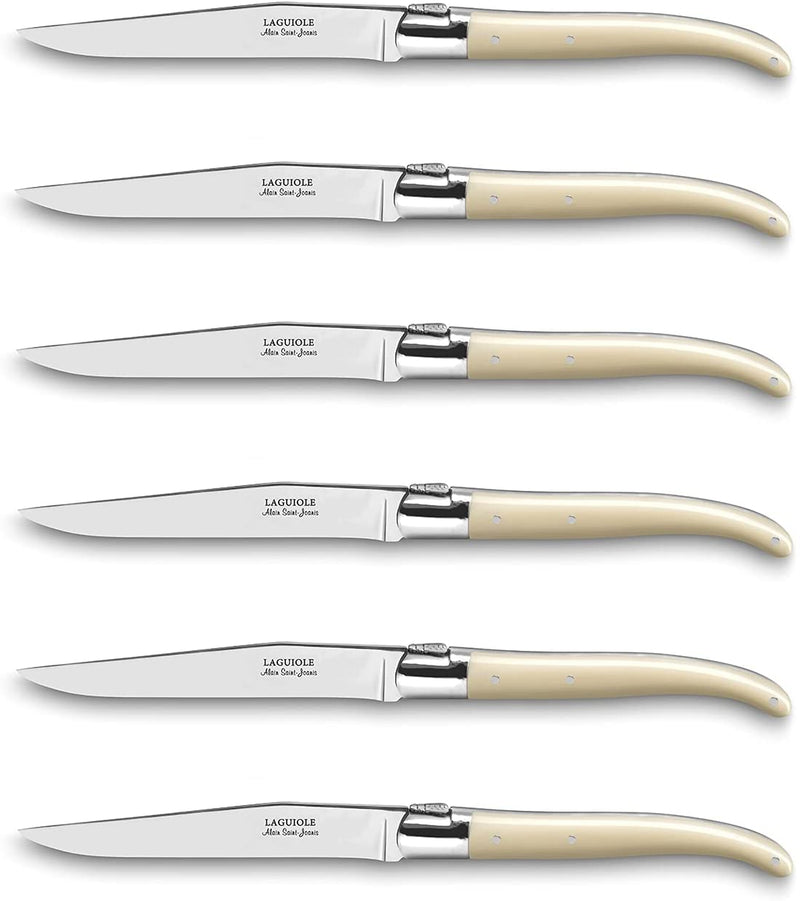 ALAIN SAINT-JOANIS Laguiole Steak Knives with Faux Ivory Resin Handles - Boxed Set of 6