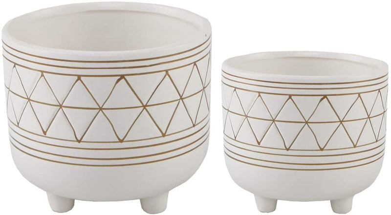 Flora Bunda Mid Century Set of 2 Handpainted Geometric Ceramic Planter 6 Inch W & 5 Inch W Ceramic Planter Pot with Sturdy Legs, White and Gold Line Planter Pot