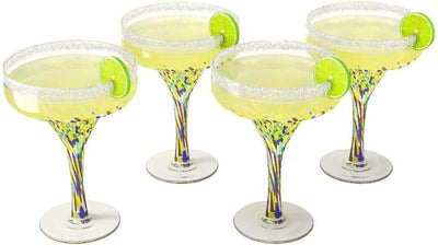Mexican Design Hand Blown Margarita Glass – Set of 4 Luxury Hand Blown Confetti Margarita Glasses (16 oz)
