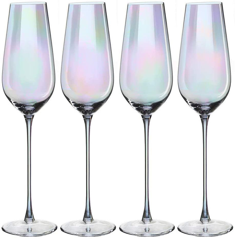 The Wine Savant Champagne Flutes Glasses Set of 4 - Luster Iridescent Glasses - Durable Pearl Color Champagne Glasses Elegant Gift Box