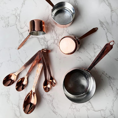 Coppermill Kitchen | Vintage Inspired Measuring Spoons | Authentic Copper & Brass | Hand-Engraved Cross & Bow Pattern | Set of Five