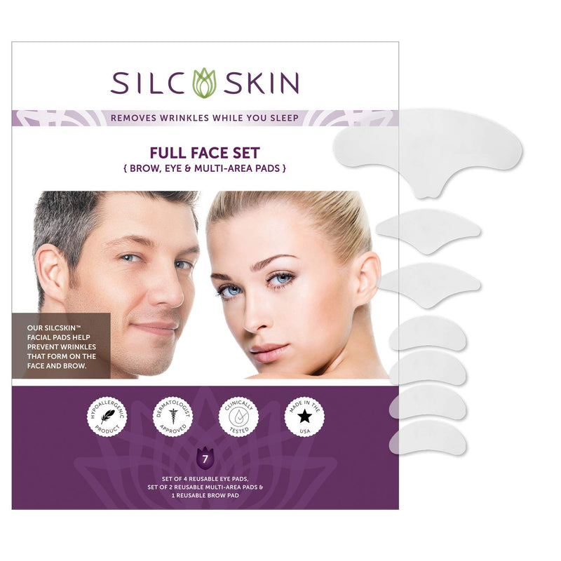 SilcSkin Full Face Set, Corrects & Prevent Face & Brow Wrinkles from Sun Aging Side Sleeping, Reusable Self Adhesive Medical Grade Silicone, 1 Brow Pad, 4 Eye Pads, 2 Multi-Area Pads