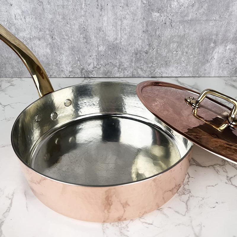 Coppermill Kitchen | Vintage Inspired Medium Saute Pan & Lid | Authentic Copper & Brass | Tin-Lined | Hammered Finish | Made in Italy | 2.25 Quarts