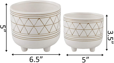 Flora Bunda Mid Century Set of 2 Handpainted Geometric Ceramic Planter 6 Inch W & 5 Inch W Ceramic Planter Pot with Sturdy Legs, White and Gold Line Planter Pot