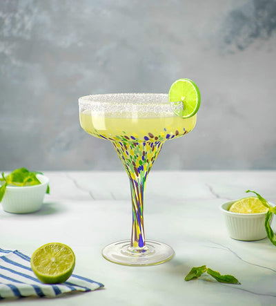 Mexican Design Hand Blown Margarita Glass – Set of 4 Luxury Hand Blown Confetti Margarita Glasses (16 oz)