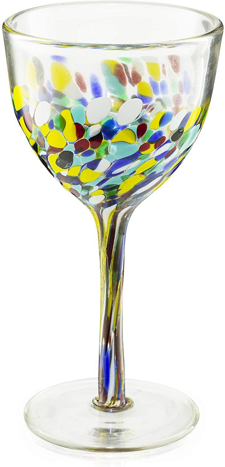 Mexican Wine Glasses Set of 6, Pebble Confetti Mexican Luxury Hand Blown Wine and Water Glasses (8 ounces each)
