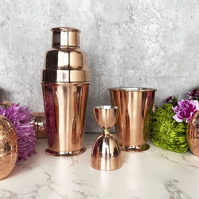 Coppermill Kitchen | Vintage Inspired Cocktail Tumblers | Authentic Copper & Brass | 1900s Art Deco Design | Engine Turn Pattern | Set of Four