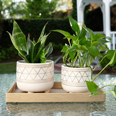 Flora Bunda Mid Century Set of 2 Handpainted Geometric Ceramic Planter 6 Inch W & 5 Inch W Ceramic Planter Pot with Sturdy Legs, White and Gold Line Planter Pot