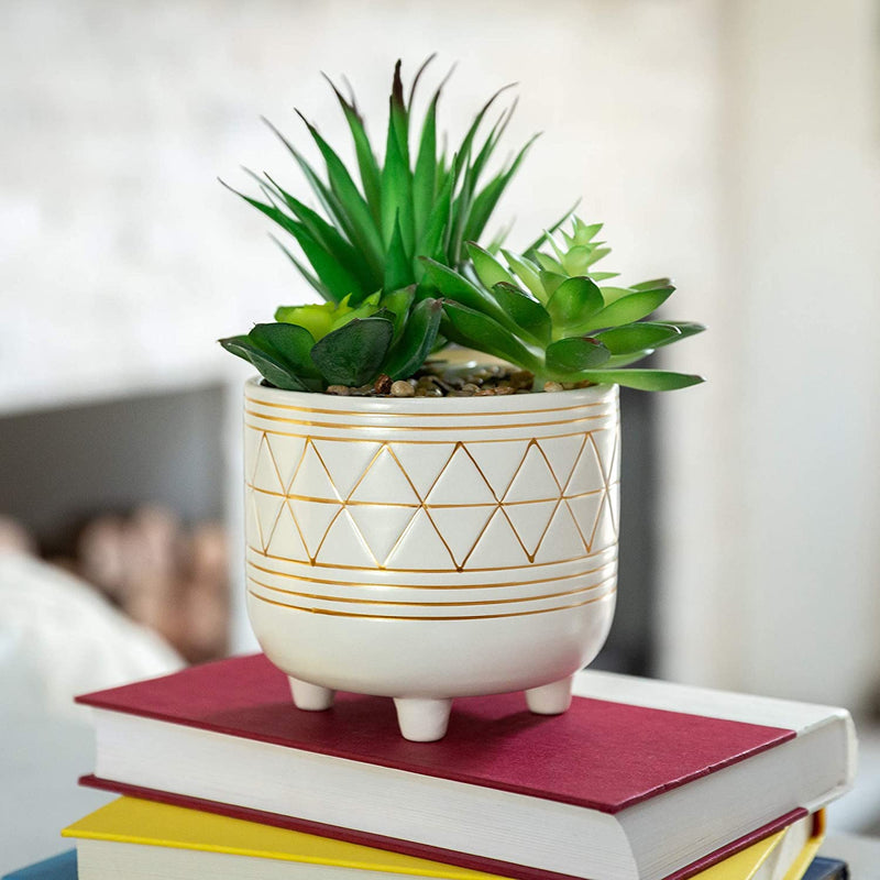 Flora Bunda Mid Century Set of 2 Handpainted Geometric Ceramic Planter 6 Inch W & 5 Inch W Ceramic Planter Pot with Sturdy Legs, White and Gold Line Planter Pot