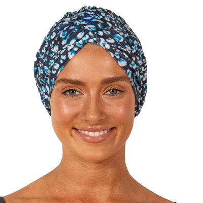 LOUVELLE Stylish AMELIE Luxury Shower Cap Turban Style Reusable with 100% Waterproof Lining and Quick Dry Fabric (Denim Leopard)