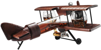 The Wine Savant Whiskey Decanter Airplane Set and Glasses Antique Wood Airplane