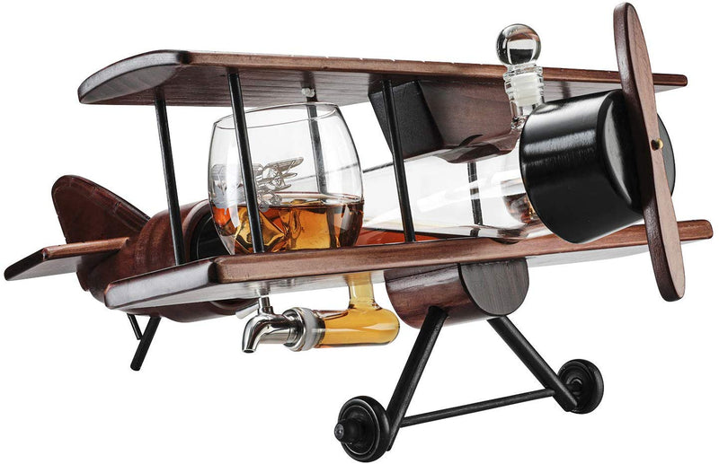 The Wine Savant Whiskey Decanter Airplane Set and Glasses Antique Wood Airplane